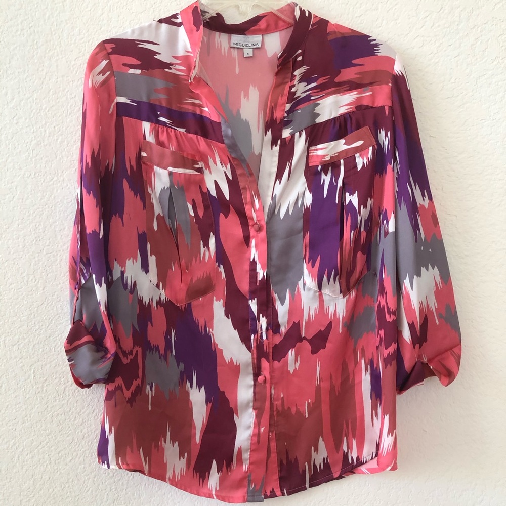 Miguelina graphic print button up blouse